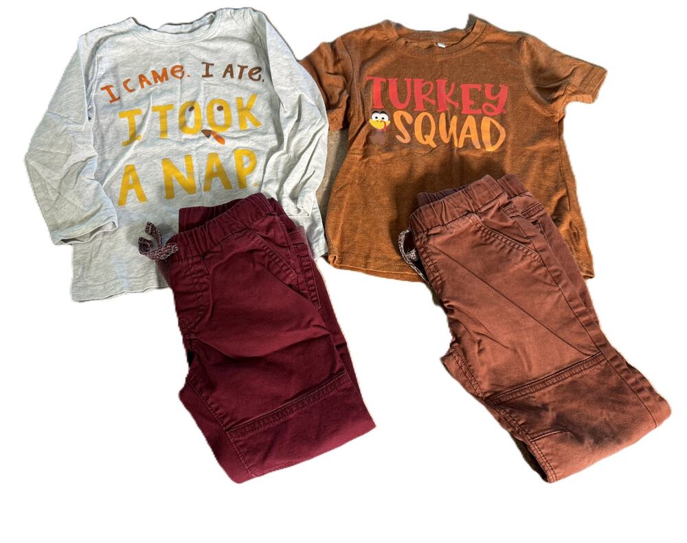 4T Toddler Boys Thanksgiving Outfit Lot Cat & Jack Pants Turkey Shirts 4pc